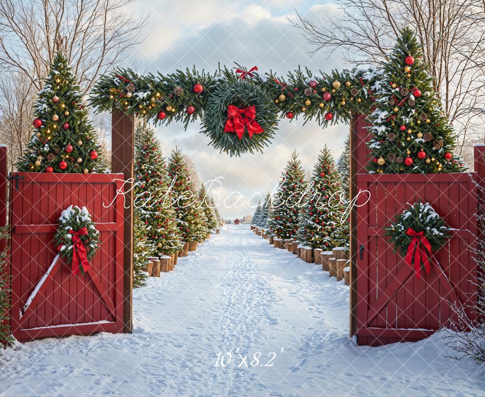 Kate Christmas Tree Snow Backdrop Red Barn Door Designed by Emetselch - Kate Backdrop AU
