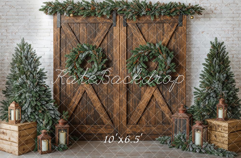 Kate Christmas Tree Brick Wall Backdrop Barn Door Designed by Emetselch - Kate Backdrop AU