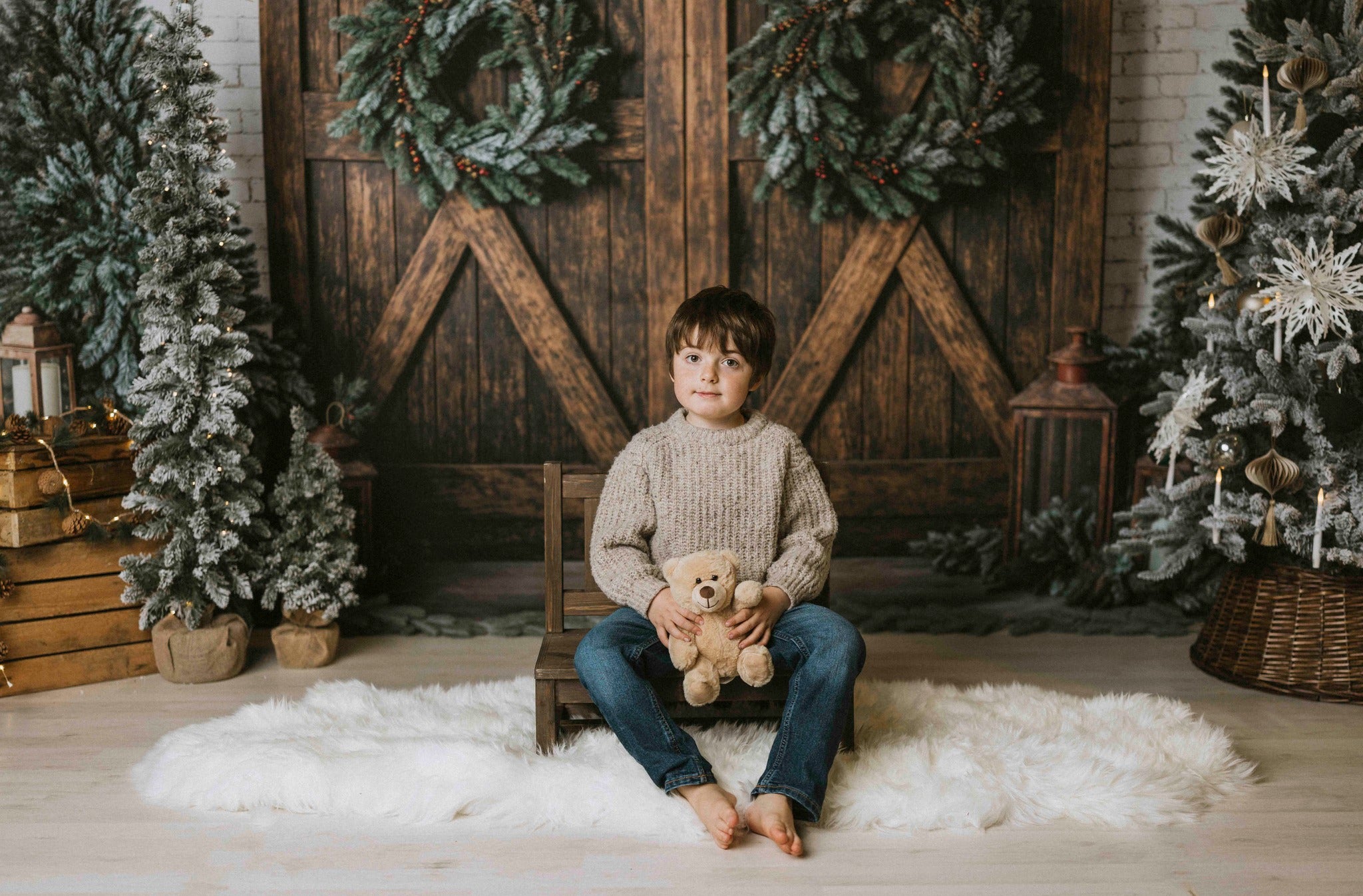 Kate Christmas Tree Brick Wall Backdrop Barn Door Designed by Emetselch - Kate Backdrop AU