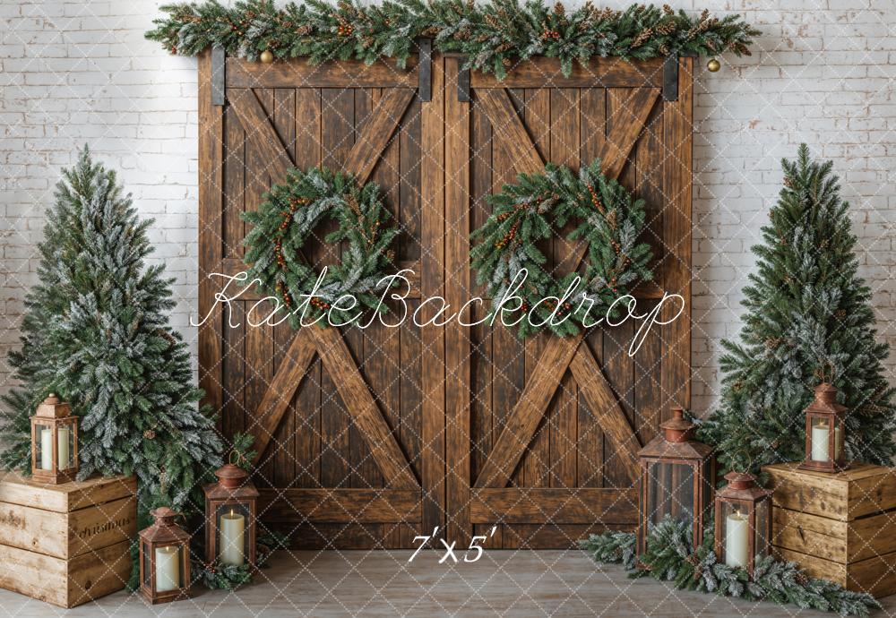 Kate Christmas Tree Brick Wall Backdrop Barn Door Designed by Emetselch - Kate Backdrop AU