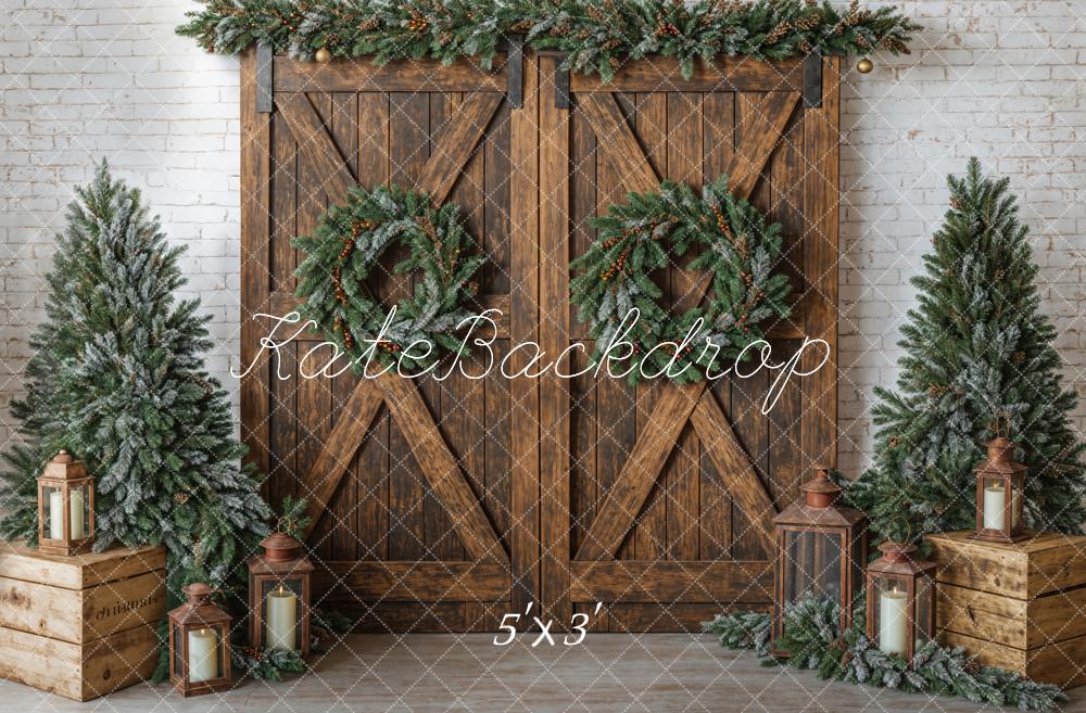 Kate Christmas Tree Brick Wall Backdrop Barn Door Designed by Emetselch - Kate Backdrop AU