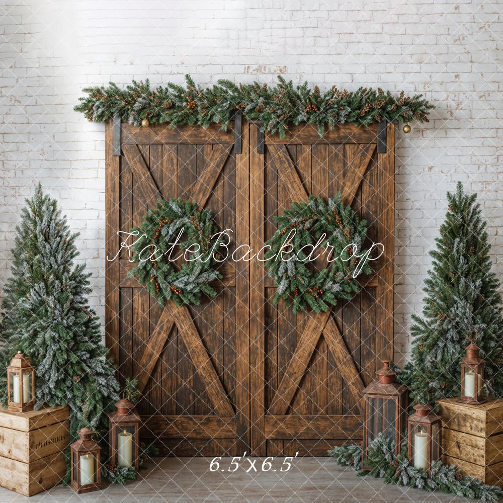 Kate Christmas Tree Brick Wall Backdrop Barn Door Designed by Emetselch - Kate Backdrop AU