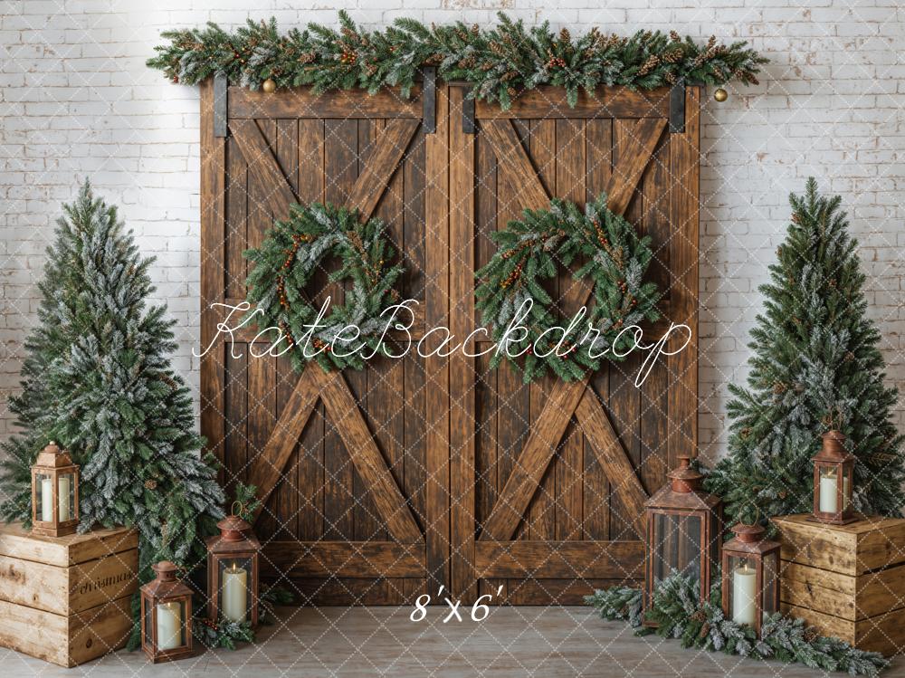 Kate Christmas Tree Brick Wall Backdrop Barn Door Designed by Emetselch - Kate Backdrop AU