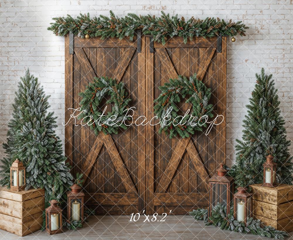 Kate Christmas Tree Brick Wall Backdrop Barn Door Designed by Emetselch - Kate Backdrop AU