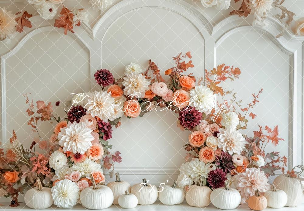 Kate Elegant Fall Floral White Pumpkins Backdrop Designed by Patty Robert