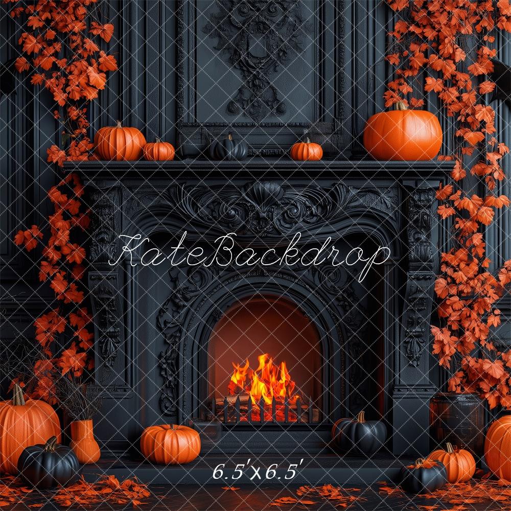 Kate Halloween Backdrop Pumpkins Black Fireplace Designed by Patty Robert - Kate Backdrop AU
