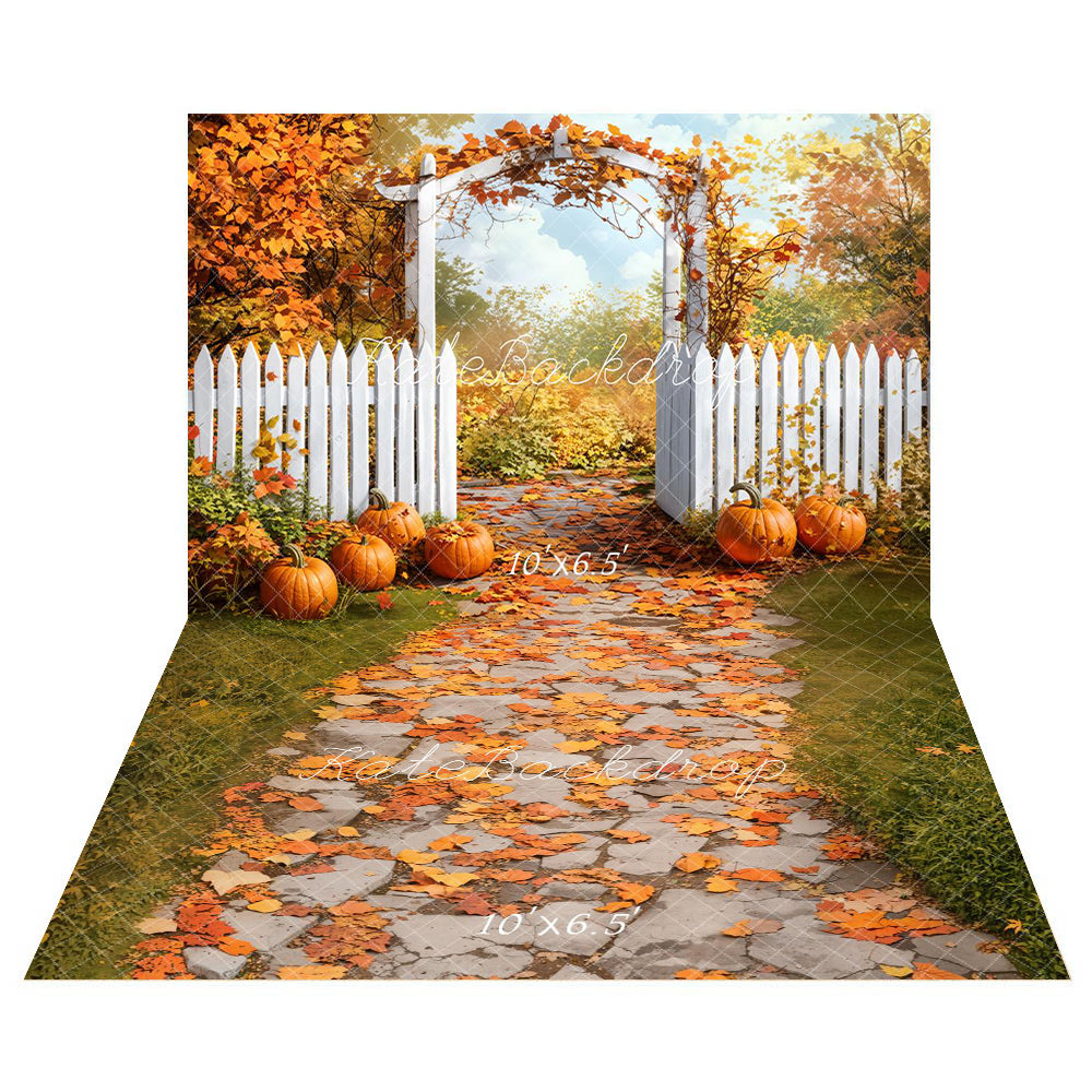 Kate Fall Pumpkin Fence Backdrop+Fallen Leaf Trail Floor Backdrop - Kate Backdrop AU