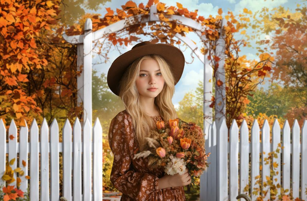 Kate Fleece Autumn Pumpkin White Fence Backdrop