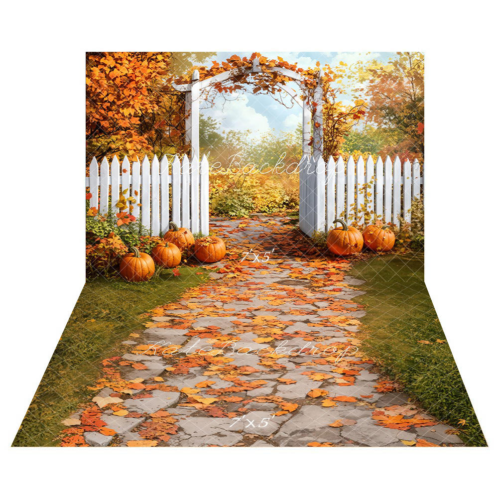 Kate Fall Pumpkin Fence Backdrop+Fallen Leaf Trail Floor Backdrop - Kate Backdrop AU