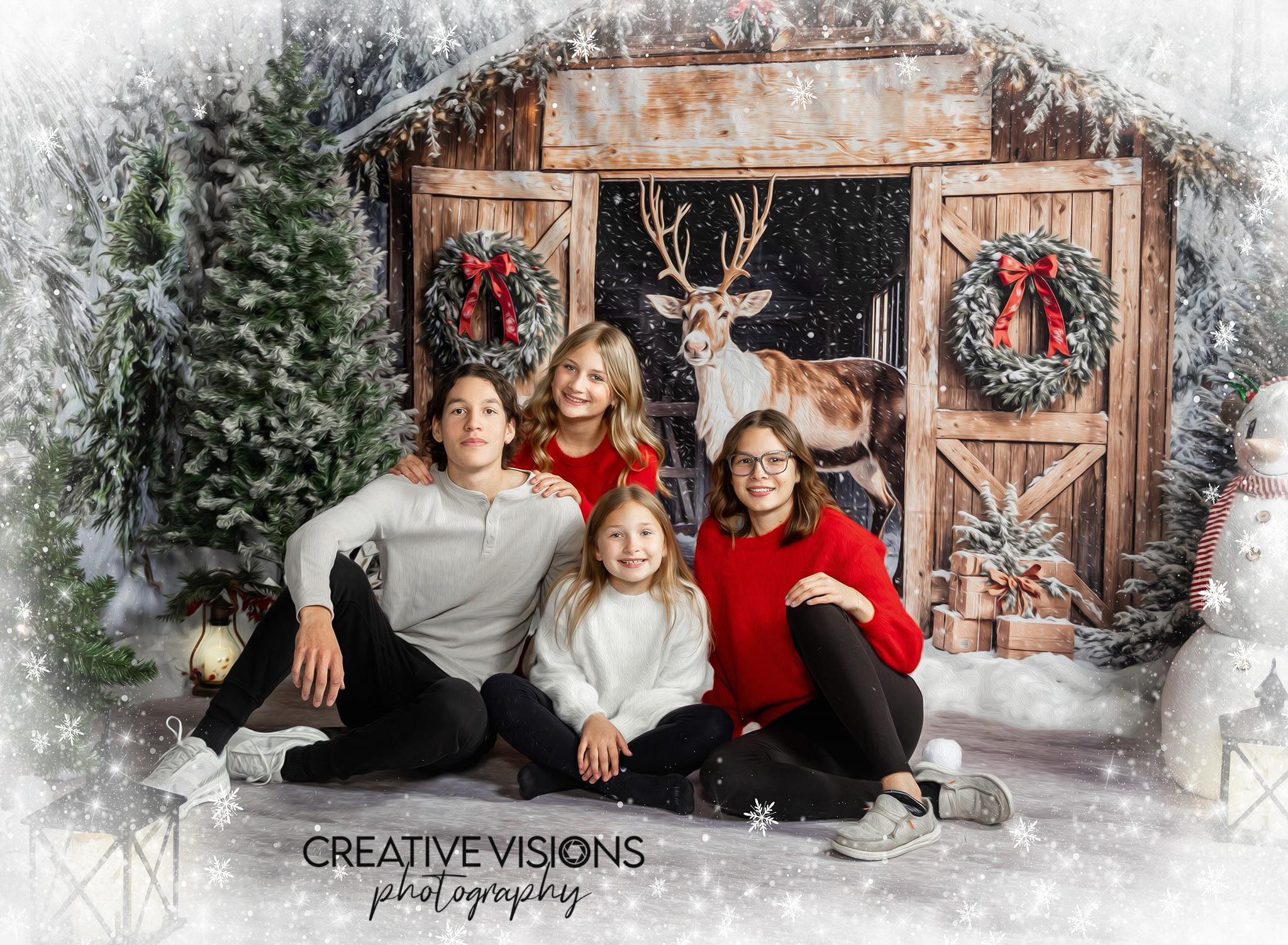 Kate Christmas Reindeer Wooden Barn Snow Trees Backdrop Designed by Emetselch