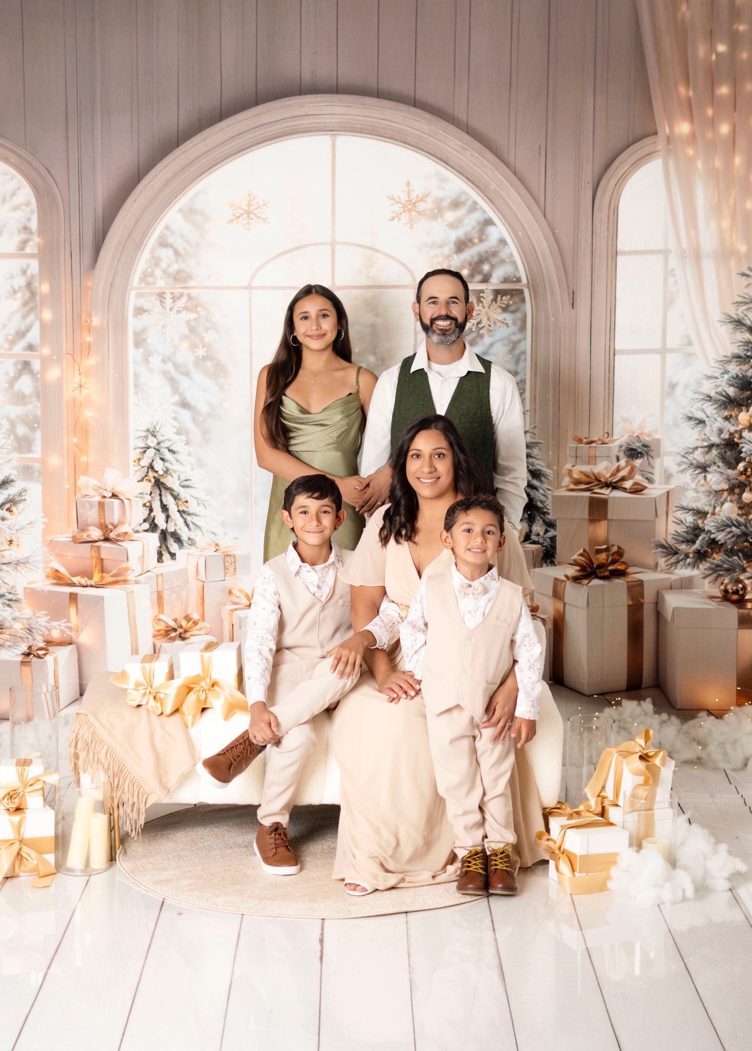 Kate White Arch Christmas Tree Gifts Backdrop+Cream Wood Floor Backdrop