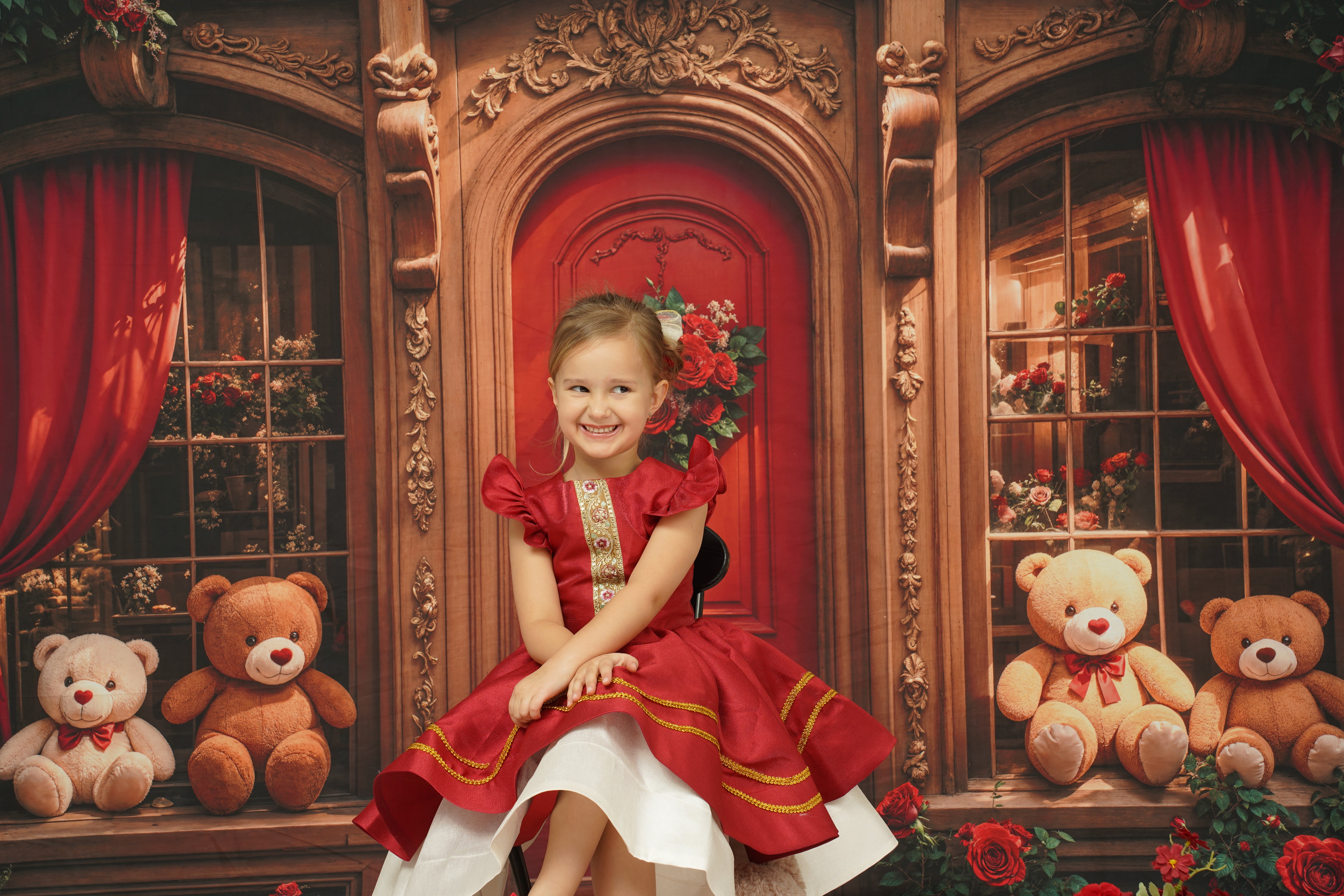 Kate Retro Arch Wooden Teddy Bear Roses Door Backdrop Designed by Emetselch - Kate Backdrop AU