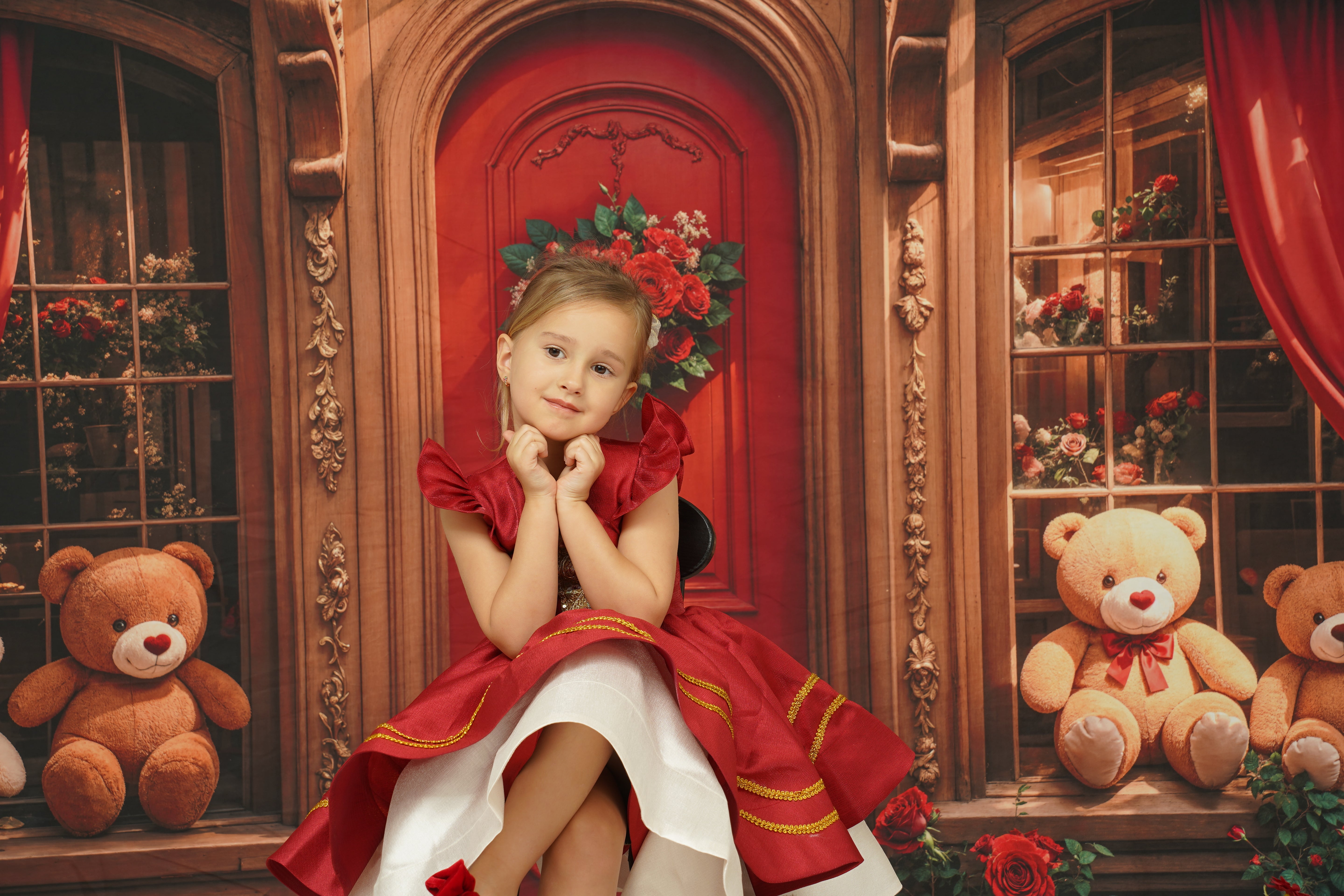 Kate Retro Arch Wooden Teddy Bear Roses Door Backdrop Designed by Emetselch - Kate Backdrop AU