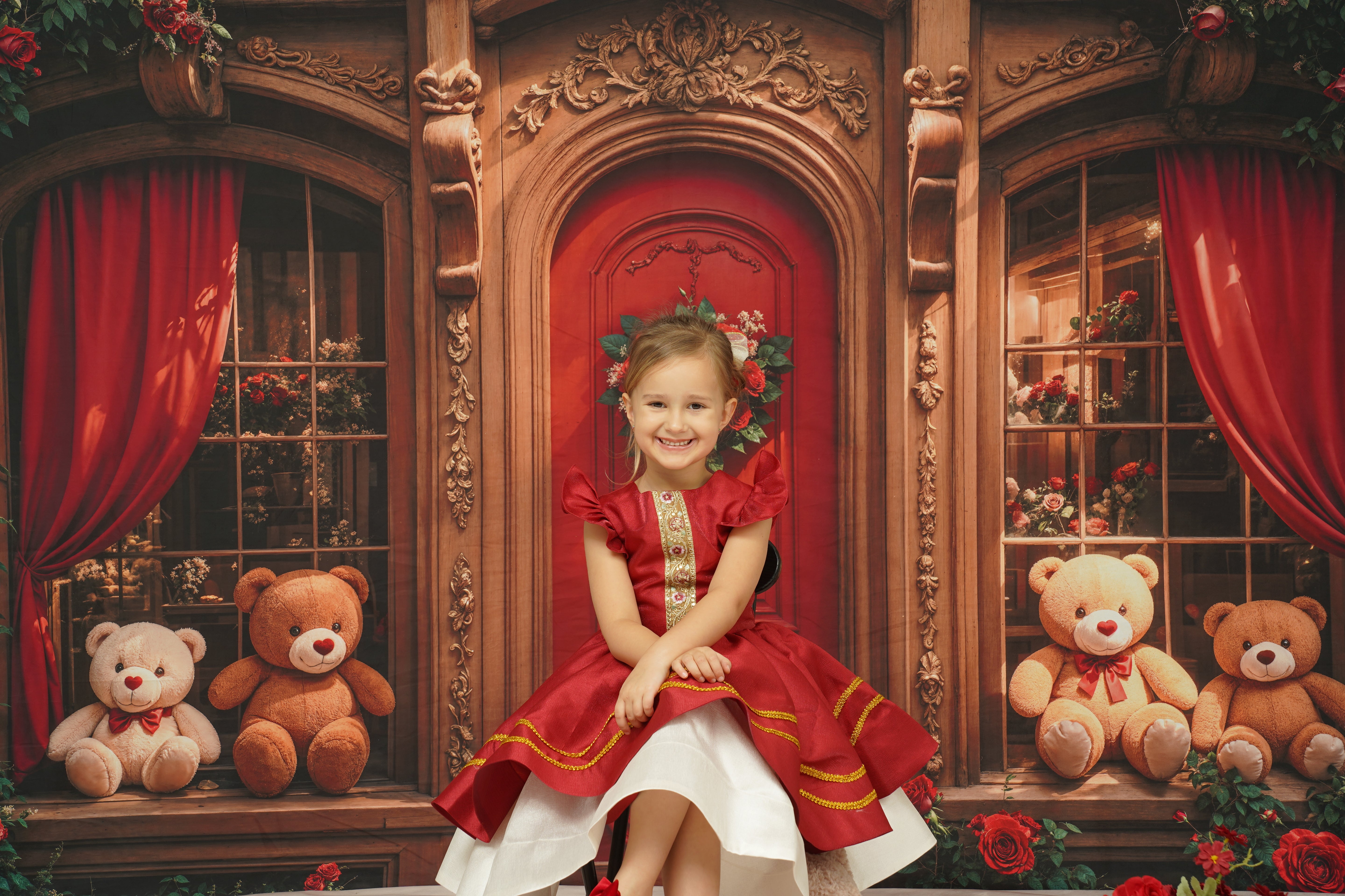 Kate Retro Arch Wooden Teddy Bear Roses Door Backdrop Designed by Emetselch - Kate Backdrop AU