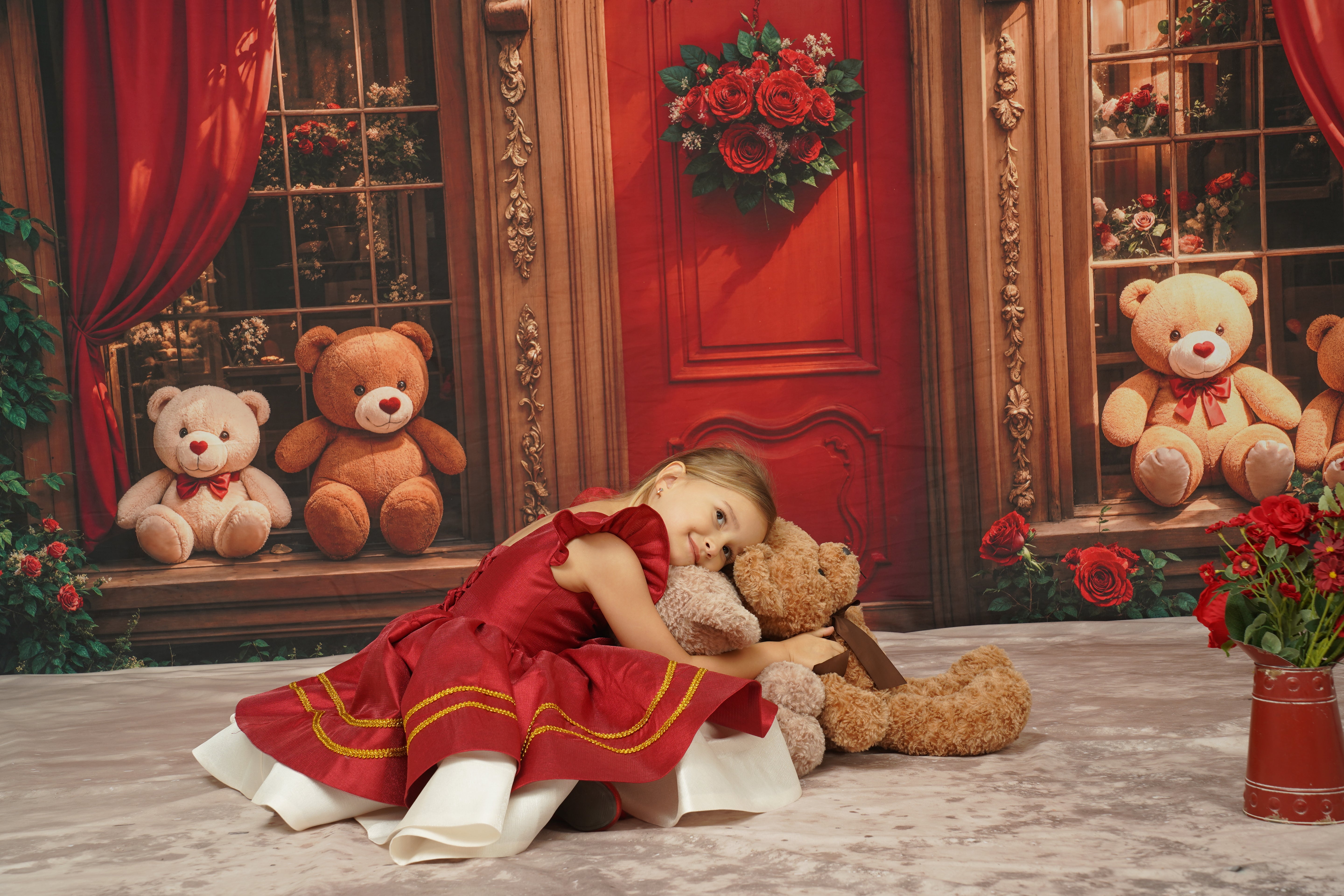 Kate Retro Arch Wooden Teddy Bear Roses Door Backdrop Designed by Emetselch - Kate Backdrop AU
