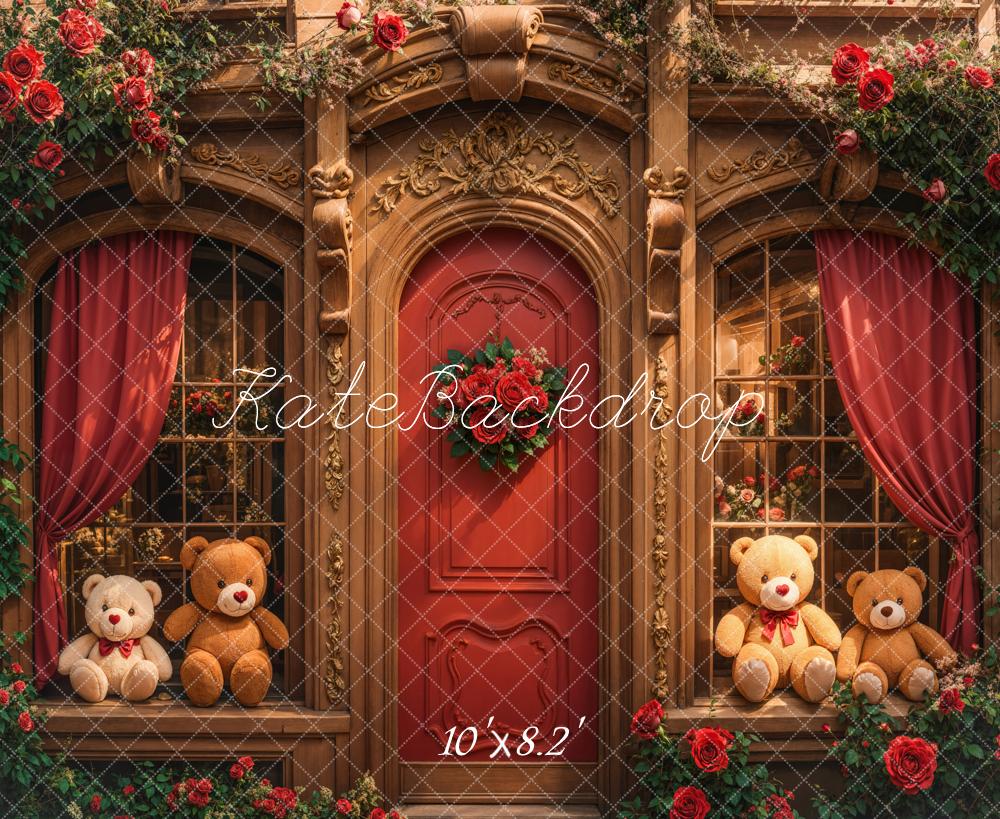 Kate Retro Arch Wooden Teddy Bear Roses Door Backdrop Designed by Emetselch - Kate Backdrop AU