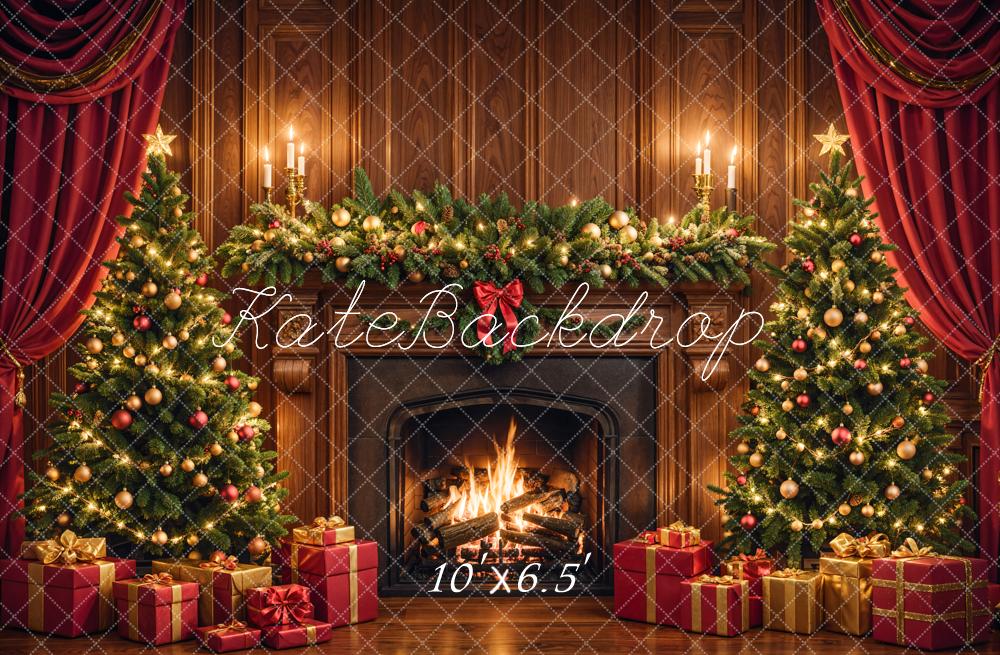 Kate Christmas Fireplace Tree Brown Backdrop Designed by Emetselch - Kate Backdrop AU