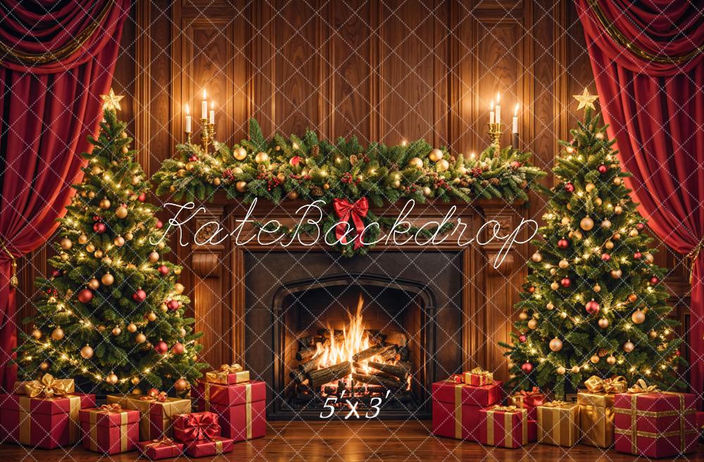 Kate Christmas Fireplace Tree Brown Backdrop Designed by Emetselch - Kate Backdrop AU