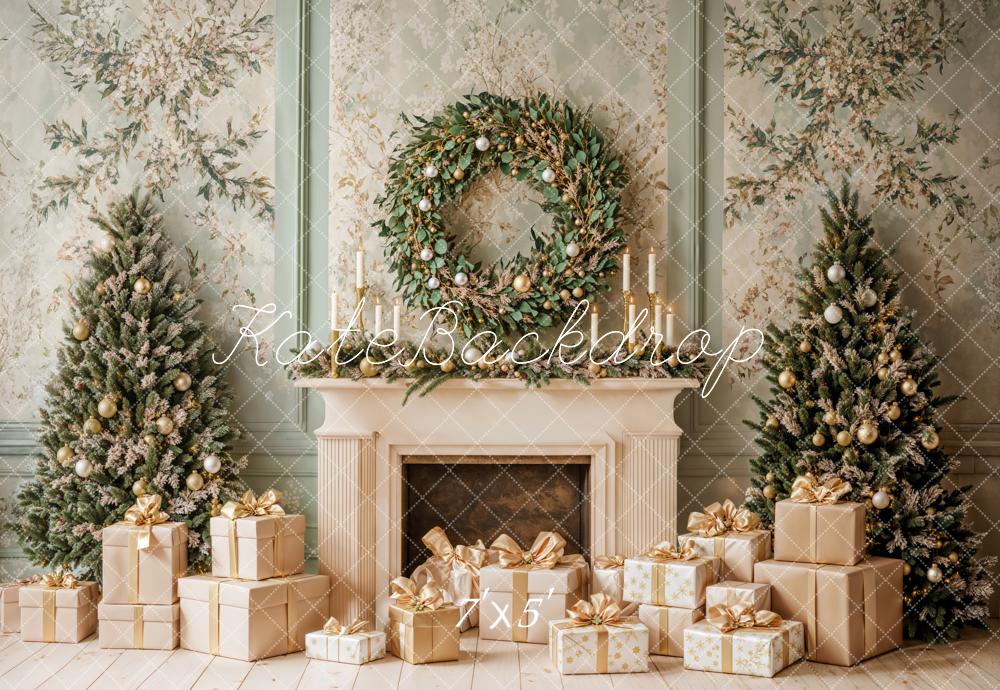 Kate Christmas Tree Fireplace Backdrop Wreath Retro Designed by Emetselch - Kate Backdrop AU