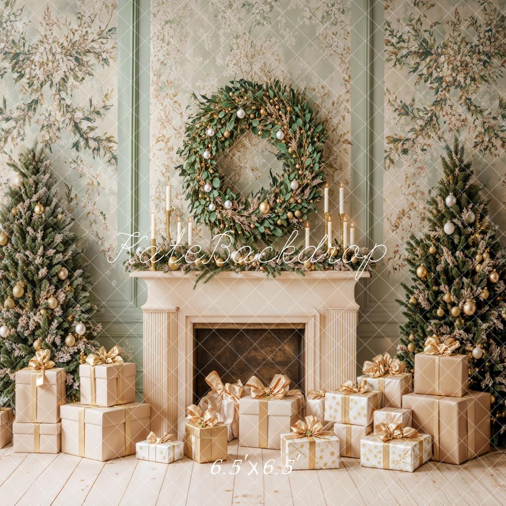 Kate Christmas Tree Fireplace Backdrop Wreath Retro Designed by Emetselch - Kate Backdrop AU