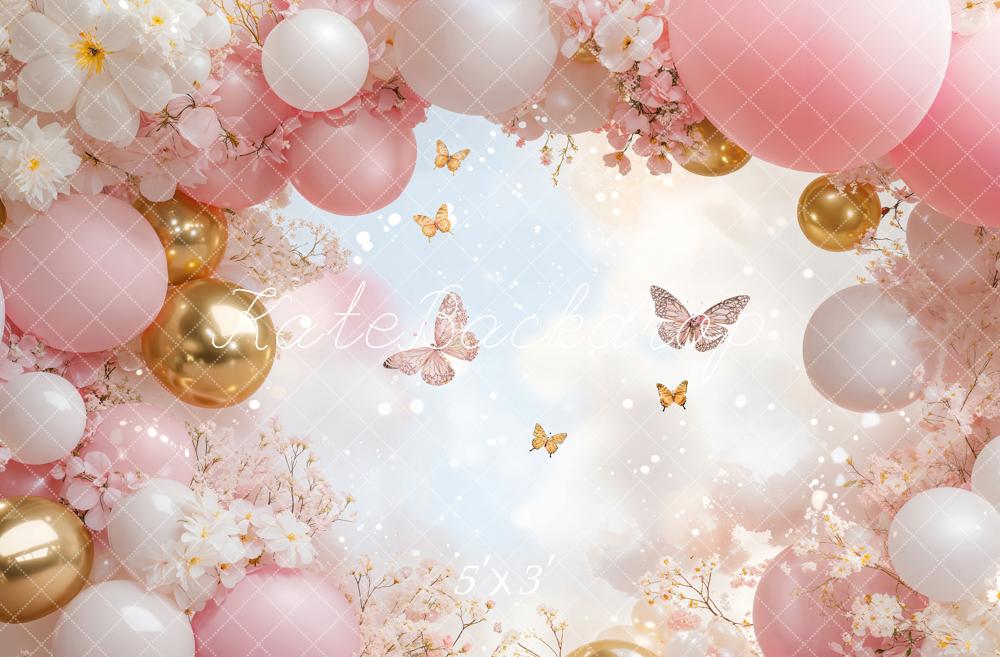 Kate Pink Balloon Birthday Butterfly Backdrop Designed by Emetselch - Kate Backdrop AU