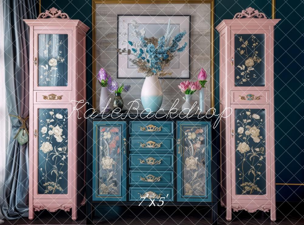 Kate Pink Teal Cabinets Backdrop Designed by Mini MakeBelieve - Kate Backdrop AU