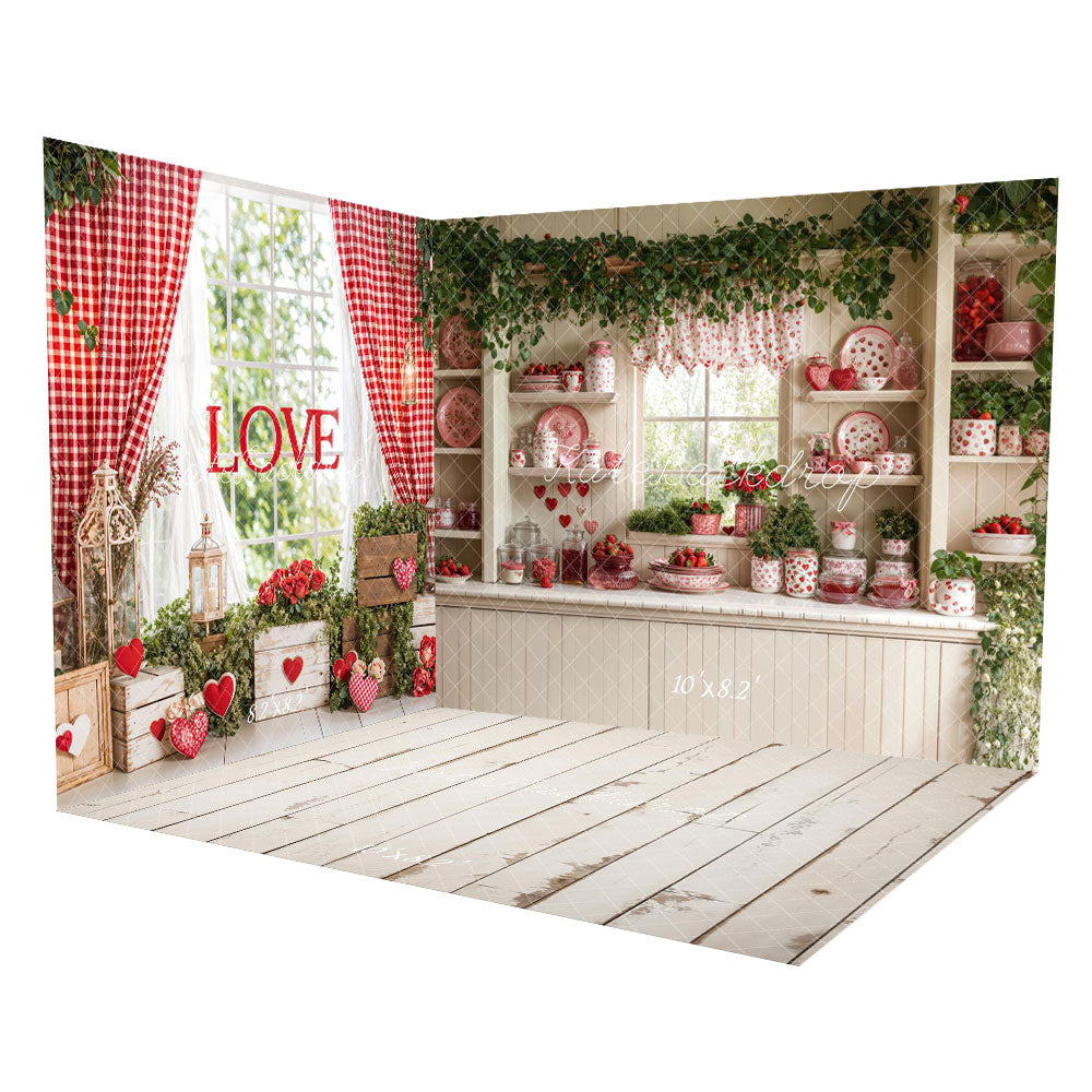 Kate Valentine's Day Window Kitchen Red Curtains Room Set(8ftx8ft&10ftx8ft&8ftx10ft) - Kate Backdrop AU