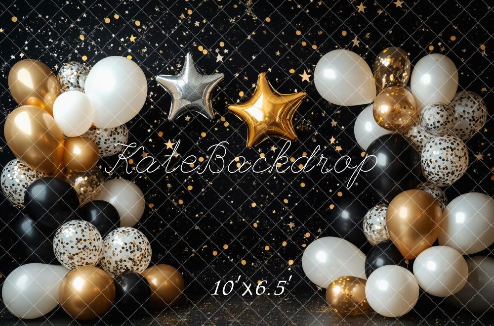 Kate Black Cake Smash Backdrop Gold Stars Balloons Designed by Patty Robert - Kate Backdrop AU
