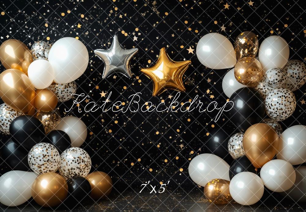 Kate Black Cake Smash Backdrop Gold Stars Balloons Designed by Patty Robert - Kate Backdrop AU