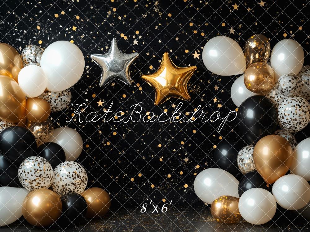 Kate Black Cake Smash Backdrop Gold Stars Balloons Designed by Patty Robert - Kate Backdrop AU