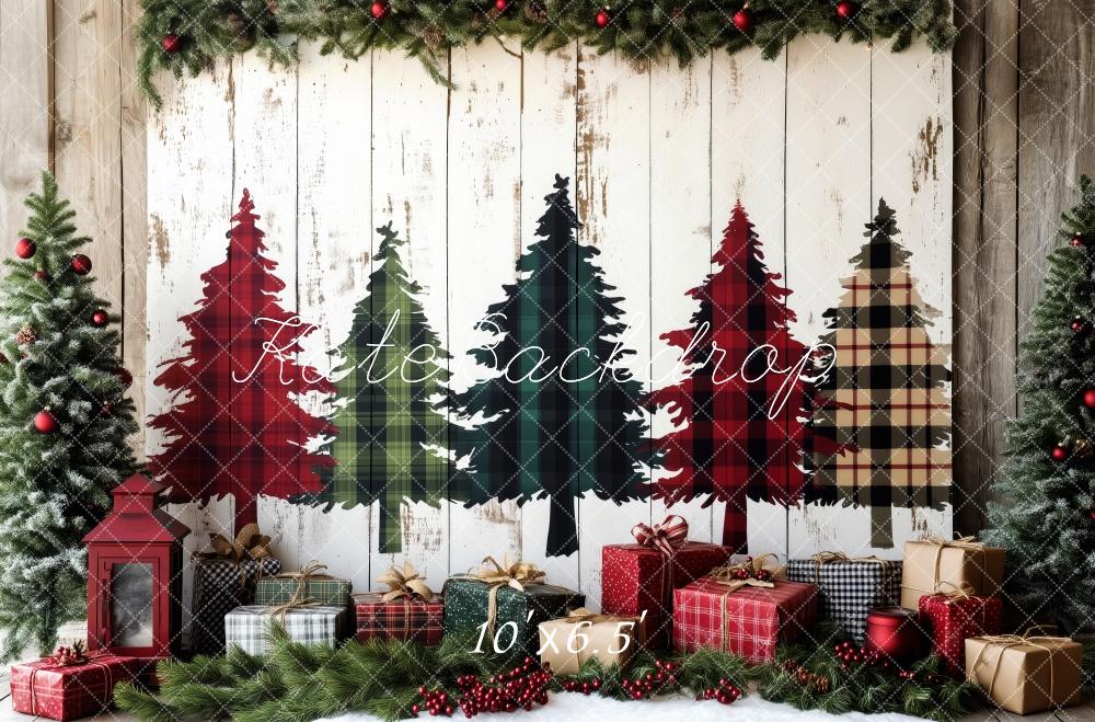 Kate Plaid Christmas Trees Wrapped Gifts Backdrop Designed by Patty Roberts - Kate Backdrop AU