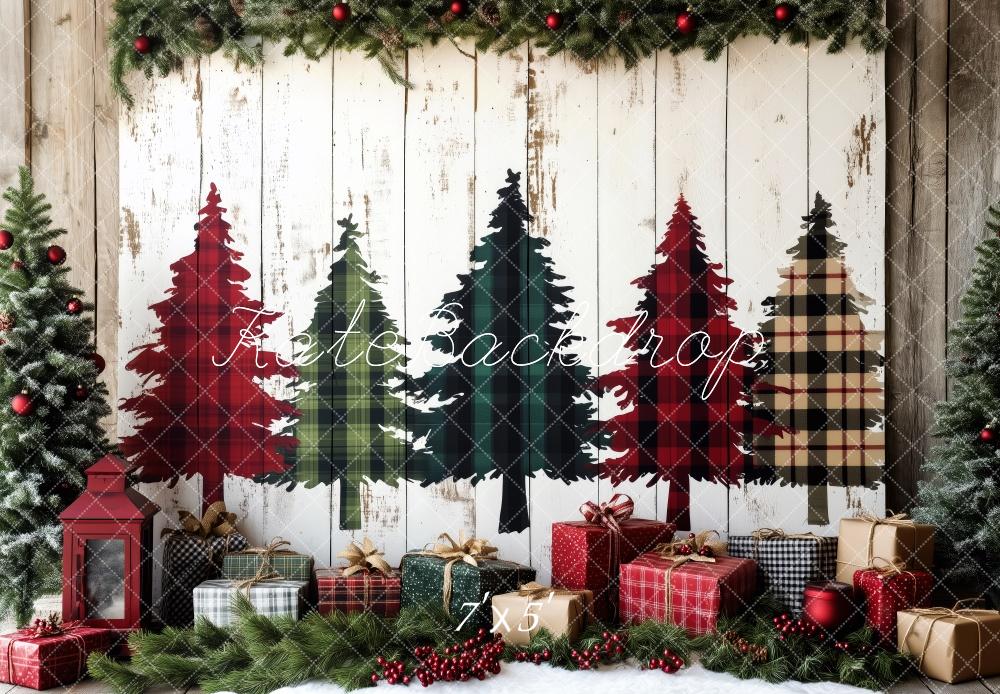 Kate Plaid Christmas Trees Wrapped Gifts Backdrop Designed by Patty Roberts - Kate Backdrop AU