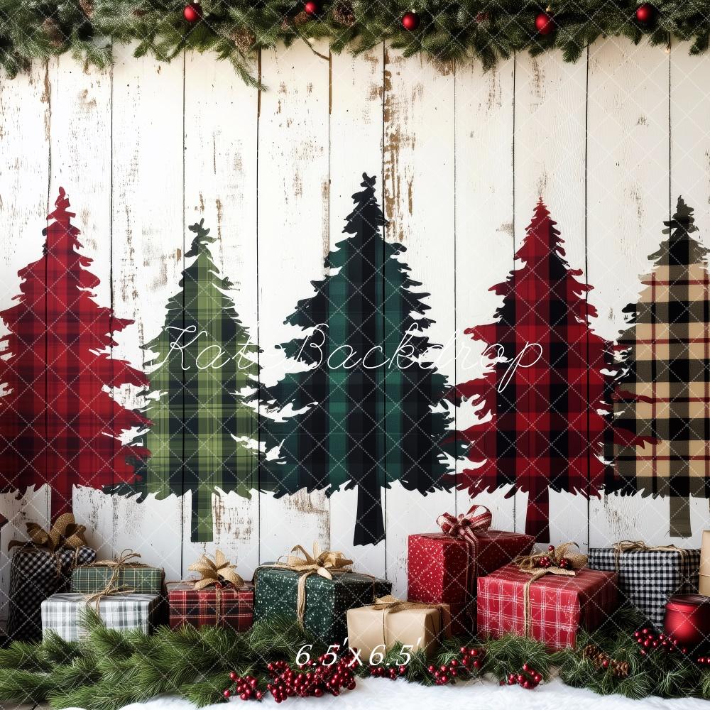 Kate Plaid Christmas Trees Wrapped Gifts Backdrop Designed by Patty Roberts - Kate Backdrop AU
