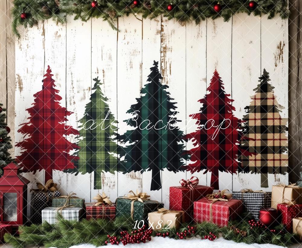 Kate Plaid Christmas Trees Wrapped Gifts Backdrop Designed by Patty Roberts - Kate Backdrop AU