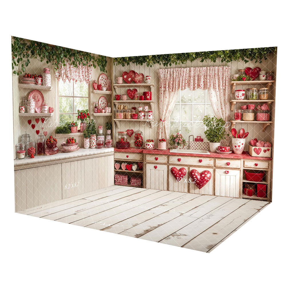 Kate Valentine's Day Strawberry Kitchen Room Set(8ftx8ft&10ftx8ft&8ftx10ft) - Kate Backdrop AU