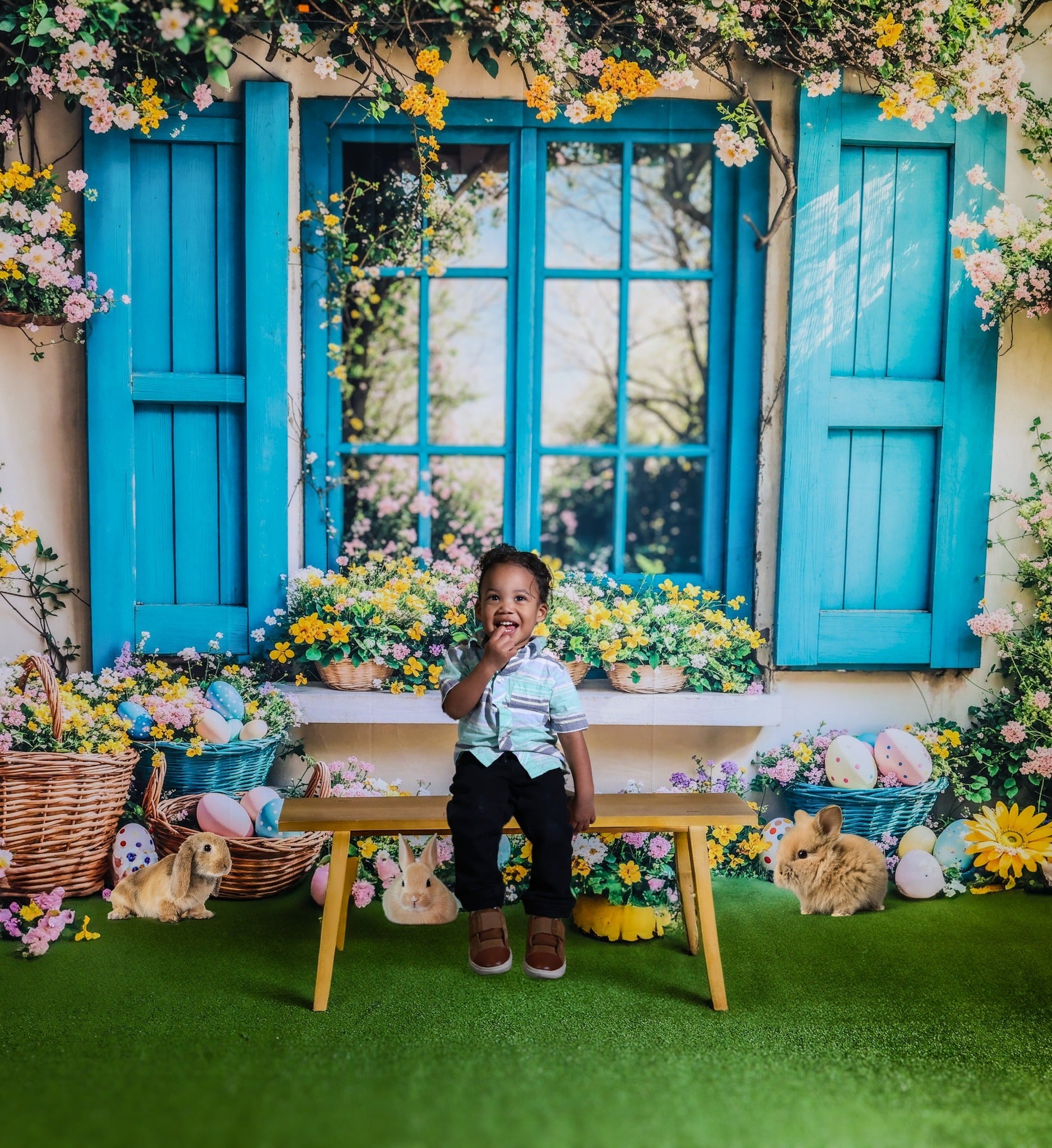 Kate Easter Backdrop Bunny Floral Blue Window Designed by Emetselch - Kate Backdrop AU