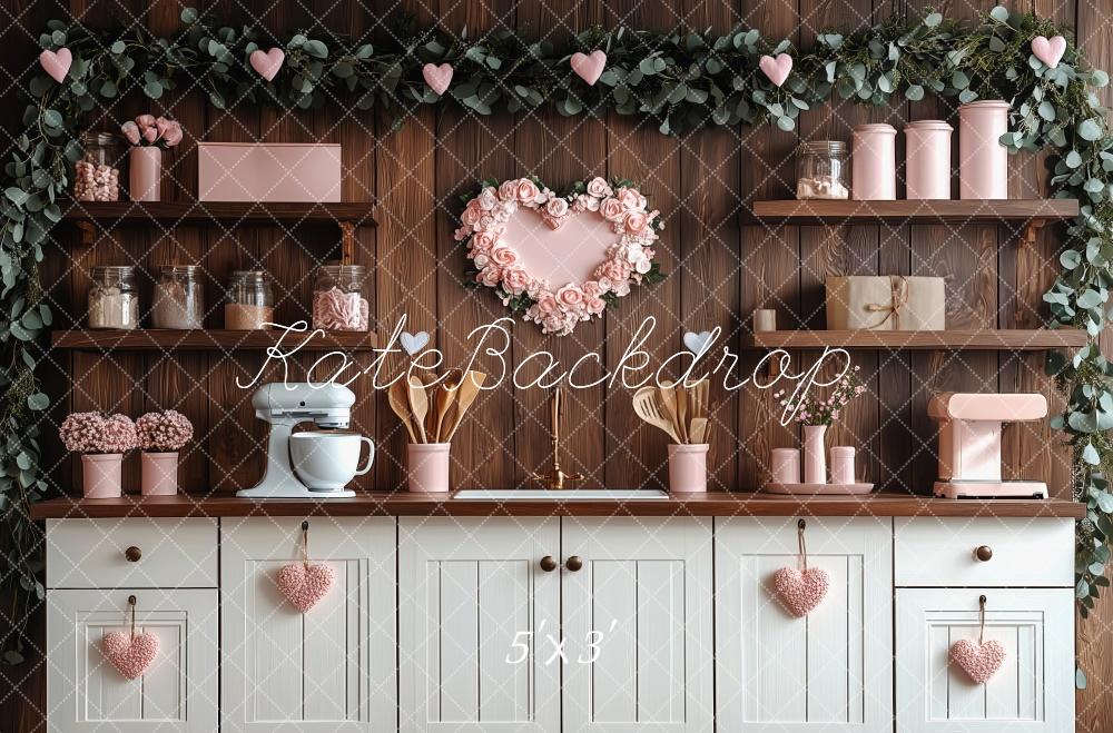 Kate Valentine's Day Pink Kitchen Hearts Backdrop Designed by Patty Roberts - Kate Backdrop AU