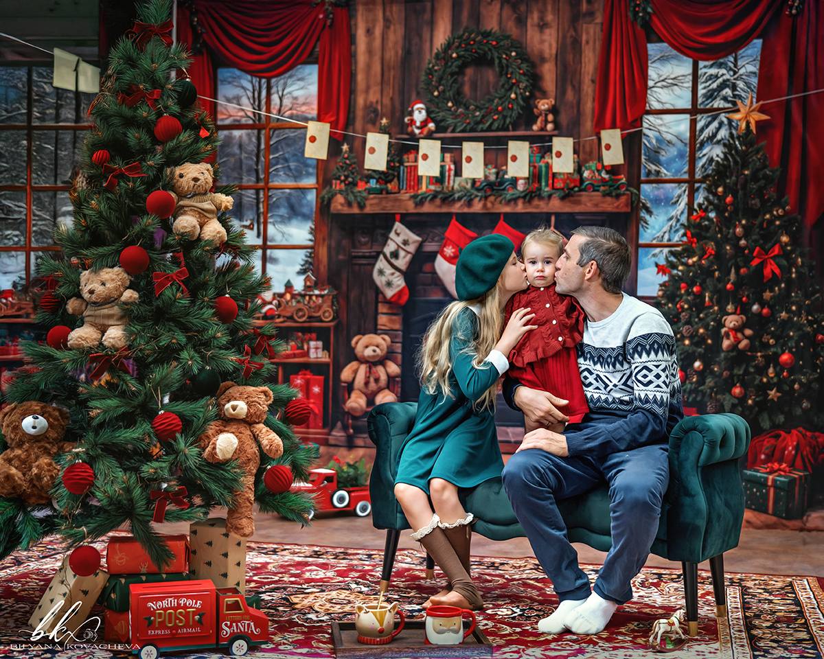 Kate Christmas Fireplace Tree Stockings Presents Backdrop Designed by Emetselch