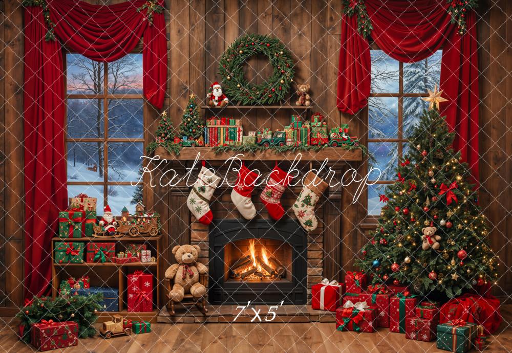 Kate Christmas Fireplace Tree Stockings Presents Backdrop Designed by Emetselch