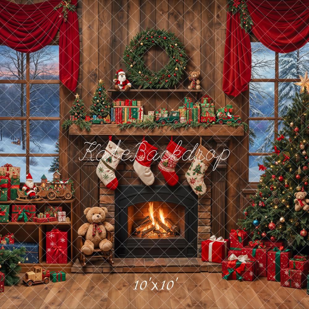 Kate Christmas Fireplace Tree Stockings Presents Backdrop Designed by Emetselch