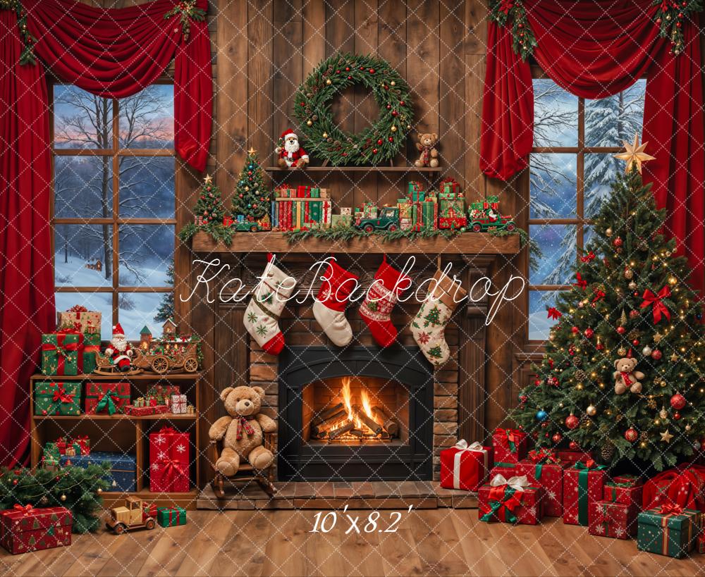 Kate Christmas Fireplace Tree Stockings Presents Backdrop Designed by Emetselch