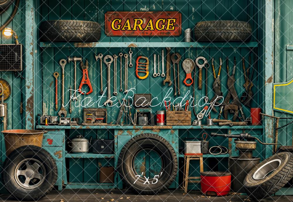 Kate Industrial Vintage Garage Tools Tire Backdrop Designed by Emetselch