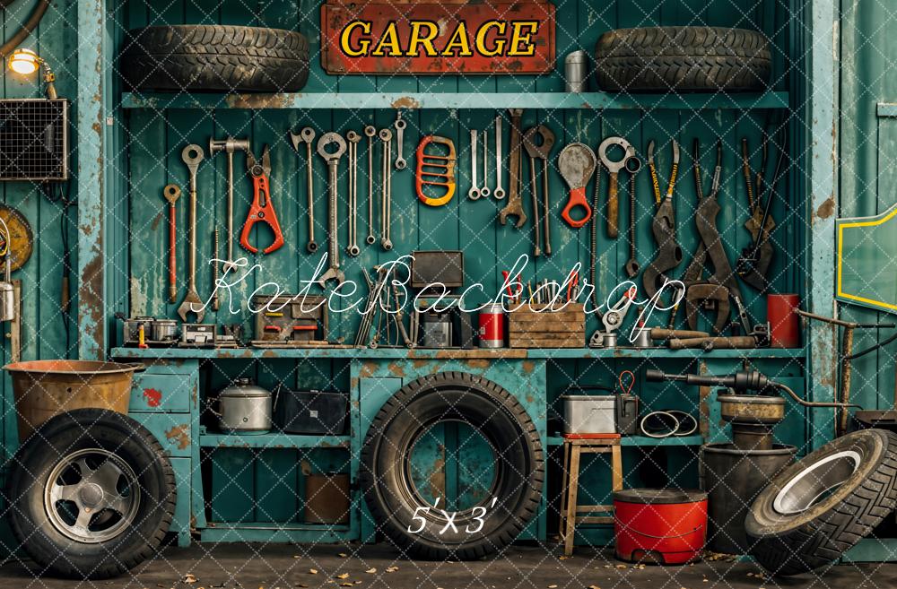 Kate Industrial Vintage Garage Tools Tire Backdrop Designed by Emetselch