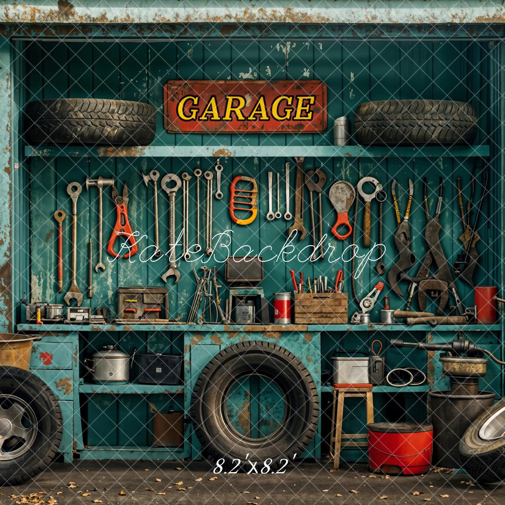 Kate Industrial Vintage Garage Tools Tire Backdrop Designed by Emetselch