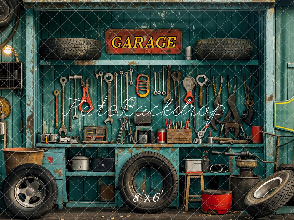 Kate Industrial Vintage Garage Tools Tire Backdrop Designed by Emetselch