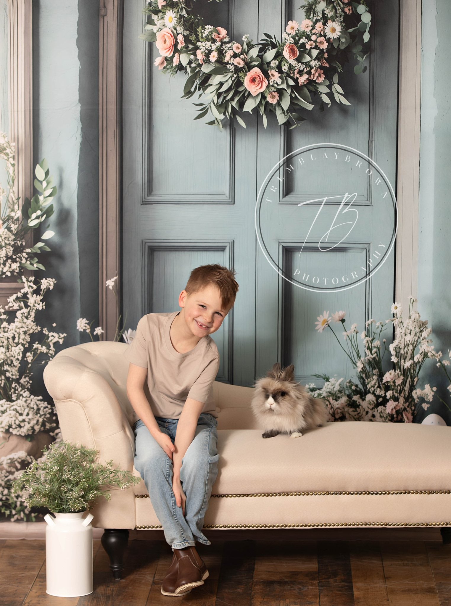 Kate Easter Bunny Floral Blue Door Backdrop Designed by Emetselch