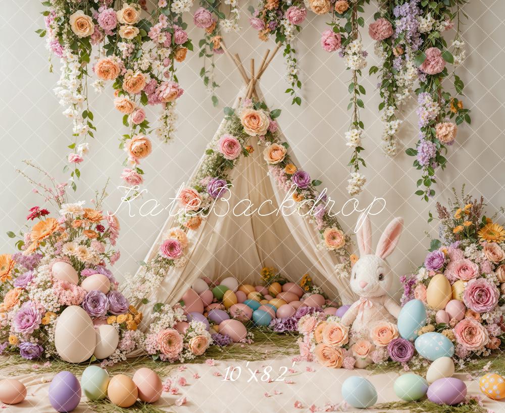 Kate Easter Bunny Floral Tent Colorful Backdrop Designed by Emetselch - Kate Backdrop AU