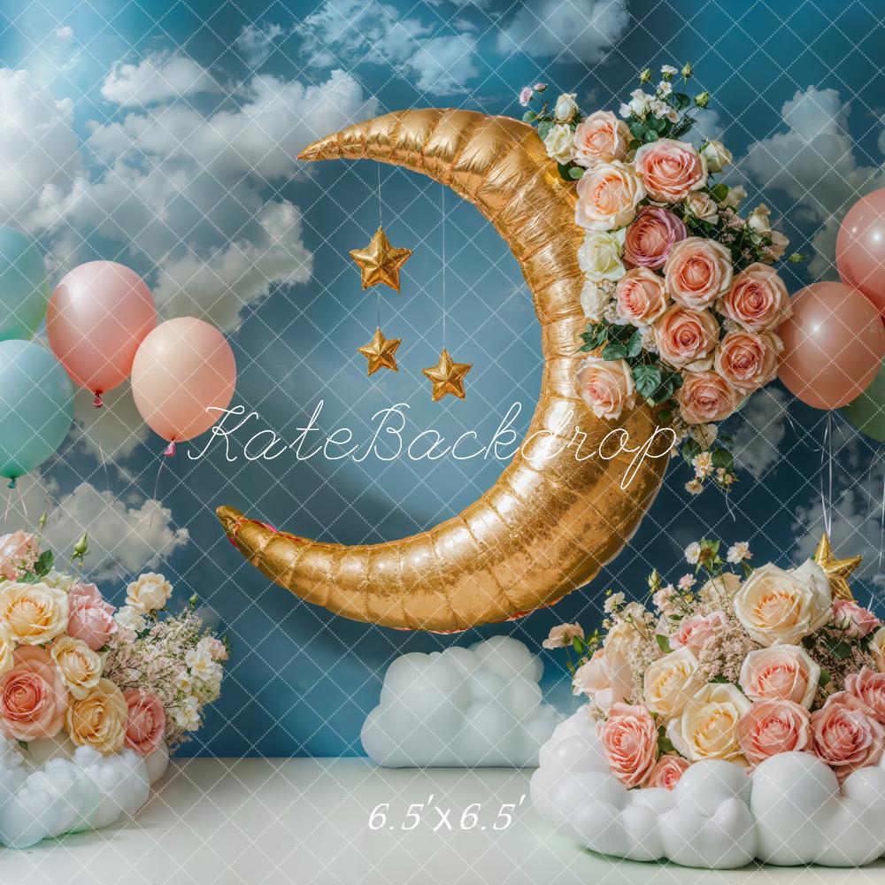 Kate Blue Clouds Moon Flowers Birthday Backdrop Designed by Emetselch