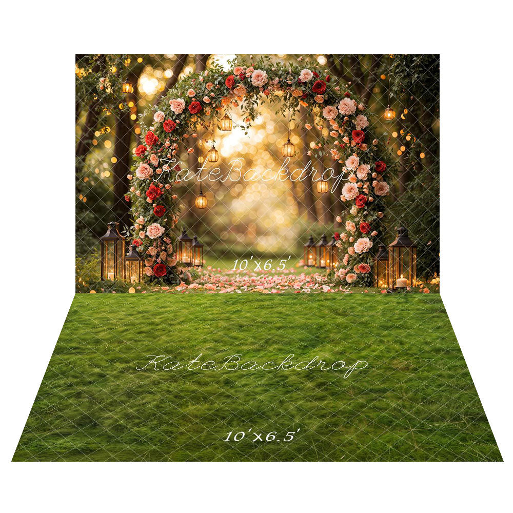 Kate Valentine Flower Arch Bokeh Backdrop+Spring Grass Floor Backdrop