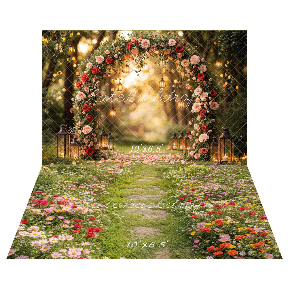 Kate Valentine Flower Arch Backdrop+Spring Floral Pathway Grass Floor Backdrop
